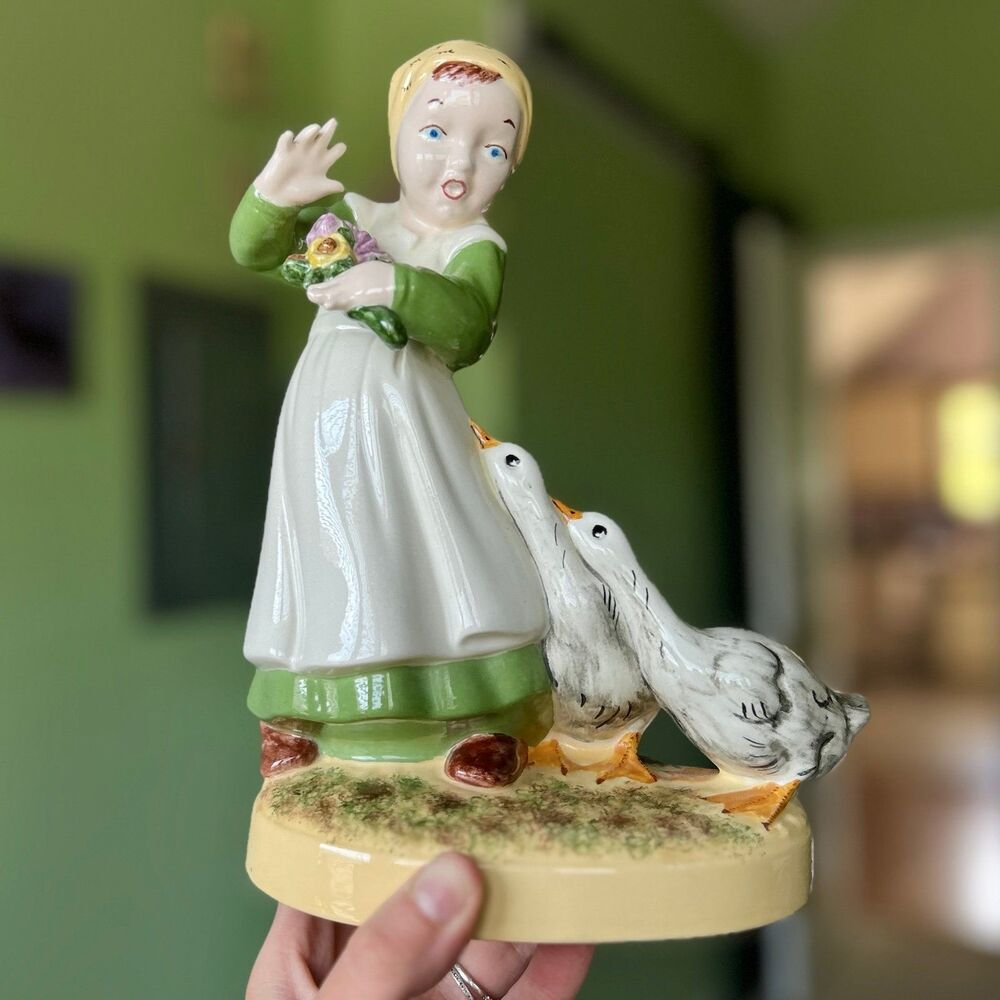 VTG Farmhouse Homestead Girl + Farm Geese Charming Ceramic Painted Accent